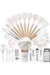 Kitchen Utensils Set, 34 Pcs Silicone Cooking Utensils Set, for Nonstick Cookware, 446℉Heat Resistance Silicone Spatulas Set, Wood Handle-Kitchen Gadgets Tools (White)