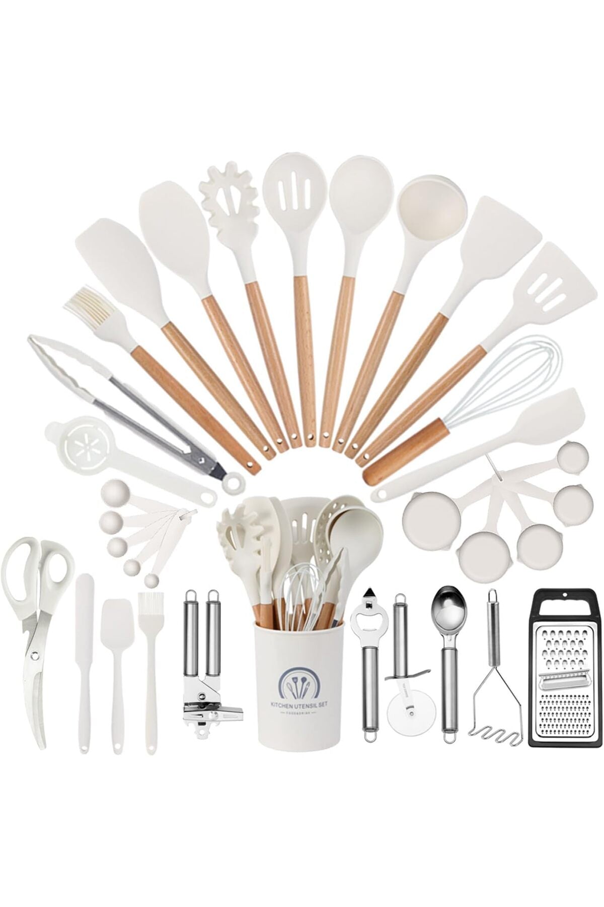 Kitchen Utensils Set, 34 Pcs Silicone Cooking Utensils Set, for Nonstick Cookware, 446℉Heat Resistance Silicone Spatulas Set, Wood Handle-Kitchen Gadgets Tools (White)