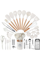 Kitchen Utensils Set, 34 Pcs Silicone Cooking Utensils Set, for Nonstick Cookware, 446℉Heat Resistance Silicone Spatulas Set, Wood Handle-Kitchen Gadgets Tools (White)