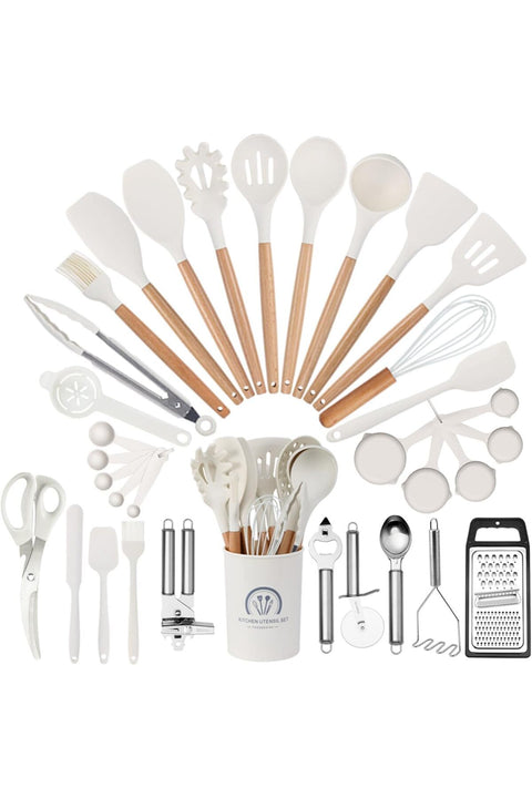 Kitchen Utensils Set, 34 Pcs Silicone Cooking Utensils Set, for Nonstick Cookware, 446℉Heat Resistance Silicone Spatulas Set, Wood Handle-Kitchen Gadgets Tools (White)