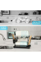 2 Tier Dish Drying Rack for Kitchen Counter with Drainage Tray - Large Stainless Steel Dish Drainer with Cutlery Holder, Knife Rack, Cup Holder & Cutting Board Rack, Rustproof Kitchen Organizer, Black