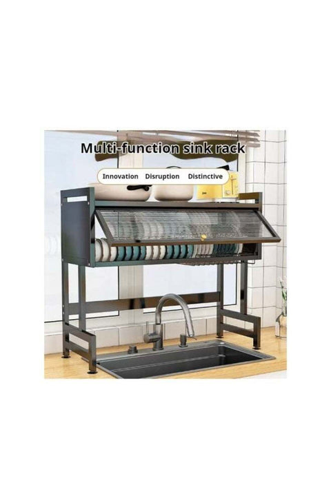 Dreamzon Over-Sink 2-Tier Kitchen Dish Drying Rack with Sliding Doors, Utensil Holder & Knife Organizer – Heavy-Duty Space-Saving Countertop Shelf