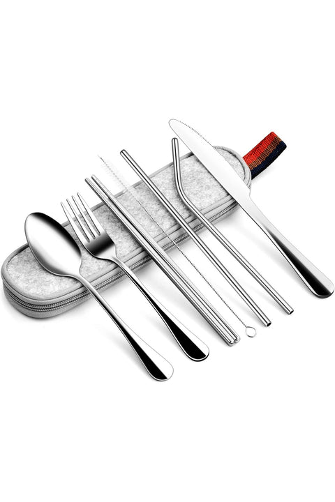 8 PCS Portable Cutlery Set, Stainless Steel Flatware for Travel, Camping, School and Office Lunch, Includes Knife, Fork, Spoon, Chopsticks, Straws