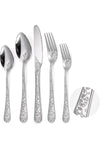 Floral Silverware Set, 5 Silvery Flatware Stainless Steel with Delicate Engraved Rose Flower Embossed Design