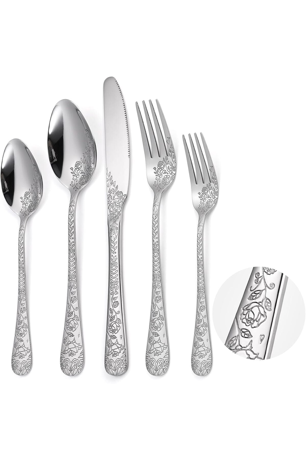 Floral Silverware Set, 5 Silvery Flatware Stainless Steel with Delicate Engraved Rose Flower Embossed Design