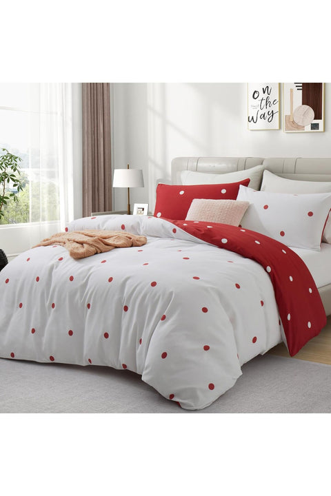 Hafaa Double Duvet Set Soft Printed Bedding Set Brushed Microfiber Duvet Cover with Pillowcases (Red and White Dotted 200x200 CM)
