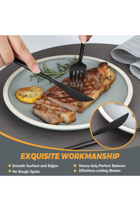 Matte Black Stainless Steel Flatware Set, 5-Piece Cutlery for 1, Dishwasher Safe Kitchen Utensils, Satin Finish Tableware Set