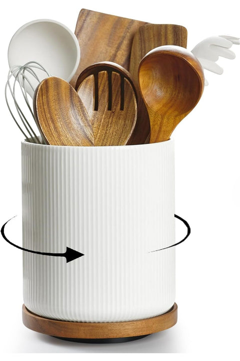 360° Rotating Kitchen Utensil Holder, 7.2" Height Ceramic Countertop Organizer with Detachable Wooden Base
