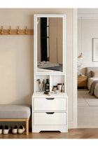 -Long Tall Bedside Mirror Cabinet with Hidden Jewelry Storage, White Narrow Nightstand with Drawers & Open Compartments, Multi-Purpose Dresser Organizer for Bedroom, Small Space Friendly Vanit