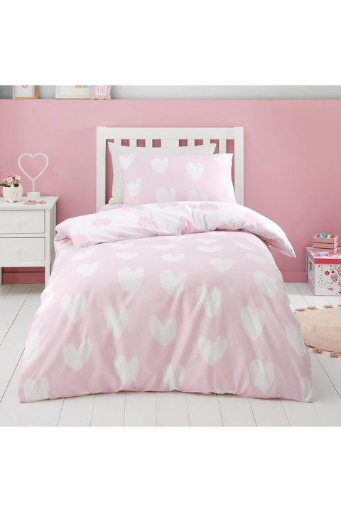 Brushed Cotton Hearts Reversible Double Duvet Cover Set with Pillowcases Pink