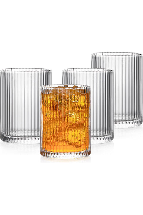 Ribbed Glasses Set of 4 Drinking Glasses 300ml Vintage Origami Style Glassware Embossed Glass Tumblers