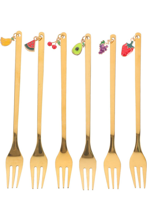 6 Pcs Stainless Steel Fork Spoon, Dessert Forks Cute Decorative Fruit Small Metal Cake Forks, Table Set (Gold)