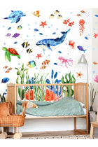 Under The Sea Wall Decals Sea Turtle Whale Dolphin Starfish Wall Stickers 3D Coral Reef Ocean Grass Bubbles Wall Decals Wall Decoration for Wall Corner Nursery Room Children Bedroom Bathroom