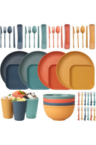 Unbreakable Plastic Dinnerware Set for 4, 48-Piece Colourful Plates, Bowls, Cups and Cutlery