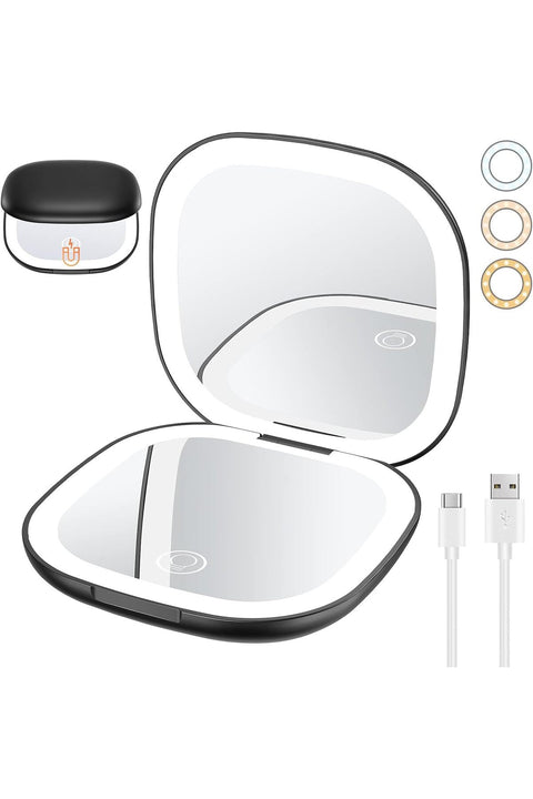 Compact Mirror, Rechargeable Compact Makeup Mirror, Lighted Travel Makeup Mirror with 1X/10X Magnifying Double Sided Dimmable, Portable Pocket Mirror for Handbag and Pocket