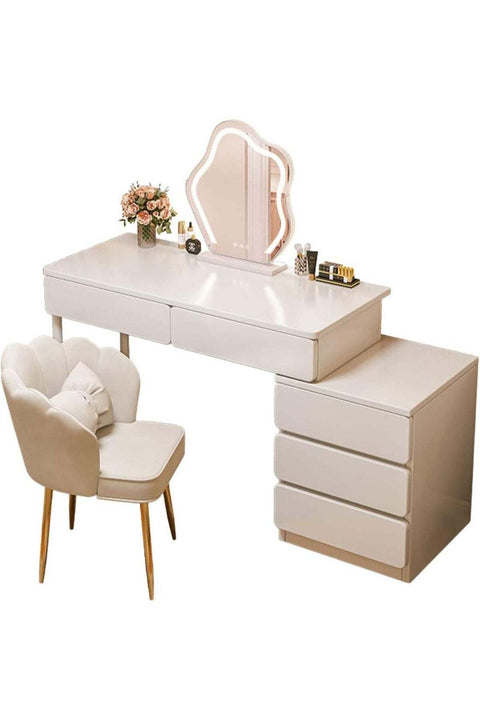 CityRiya-Long Bedroom Dresser Table, Dressing Table, 100cm Makeup Table with 5 Drawers and Shelf, Vanity Table, Modern Vanity Desk, White Bedroom Bedside Table for Girls Women