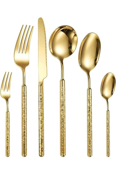 6 Piece Hammered Gold Silverware Sets, 1810 Stainless Steel Gold Flatware Set with Round Handle