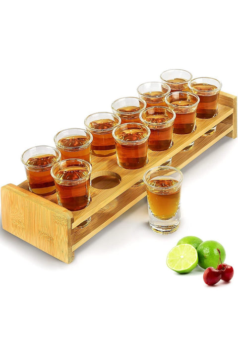 Shot Glasses Set 12pcs 30ml/1oz Shot Glass Tray Holder Organizer Straight Thick Base Clear Whiskey Tequila