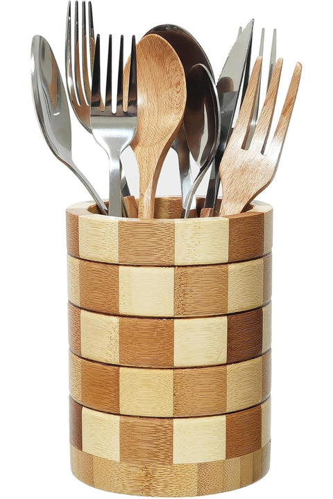 Bamboo Utensil Holder, Cutlery Organizer, Kitchen Countertop Silverware Storage Rack, Wooden Utensil Caddy for Cooking Tools