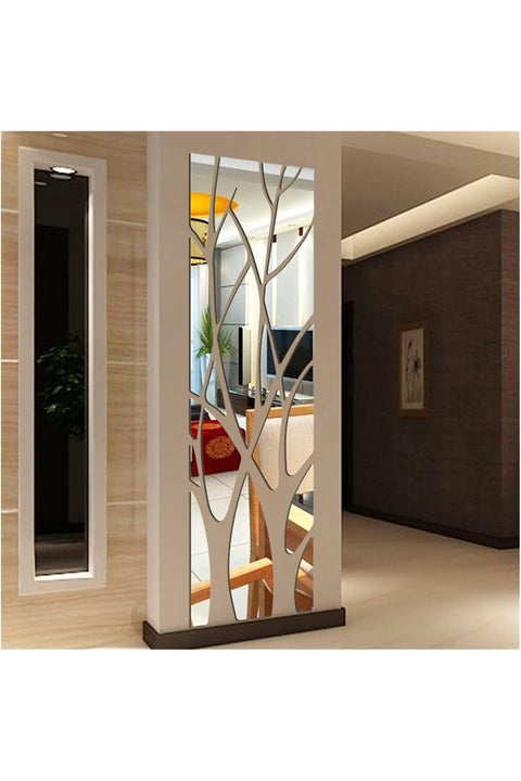 Mirror Wall Stickers, Tree Acrylic, 3D Self Adhesive Decorative Decals, Small 39x11 Inch Silver, Modern Art Wallpaper for Living Room, Dining Room, Entryway, TV Background, Home Decor (Silver)
