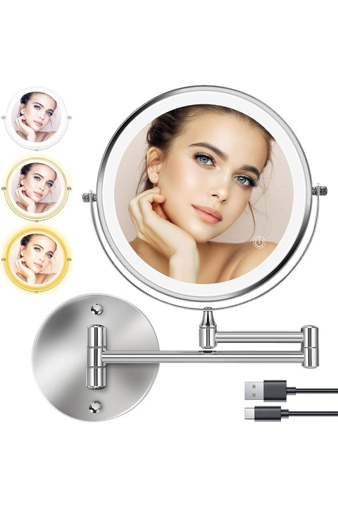 Rechargeable Wall Mounted Lighted Makeup Mirror 8 inch Double Sides 1X/10X Magnifying LED Makeup Mirror 3 Color Light Touch Screen Dimmable 360° Swivel Extendable Bathroom Mirror Shaving Mirror-Chrome