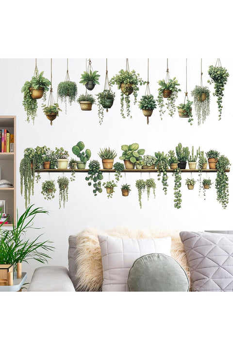 X Spring Green Plant Wall Stickers, 3D Potted Succulent Leaves Wall Decals, Removable Cactus Mural, Peel and Stick Vinyl Art for Kitchen Home Office Bedroom Decor, Large 33 Inch Nature Theme