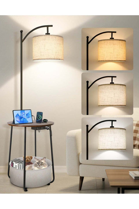 Floor Lamp with Table, Bulb Included,Integrated Side Table Lamp for Bedroom, Type-C Charging Port & AC Outlet, Side Table with Lamp for Living Room, Nightstand with Drawer, Dimmable & 3 Color Te