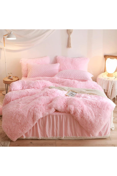Pink Fluffy Comforter Set, Plush Shaggy Duvet Cover 2 Pieces, Velvet Pink Bedding Twin Bed Set