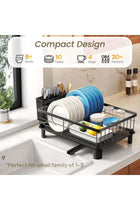 SHRAVELLE Small Stainless Steel Dish Drying Rack – Kitchen Counter Dish Drainer with Utensil Holder & Drainboard, Compact 11" W x 15" L, Black