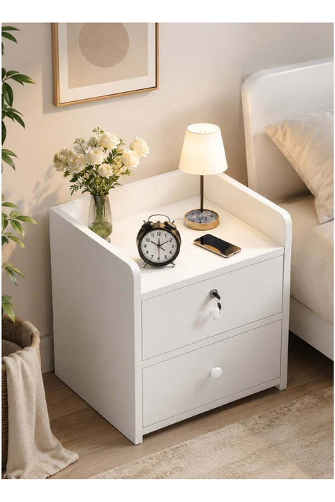Bedside Table with Locker | 2 Drawer Wooden Nightstand with Storage | White Bedside Cabinet for Bedroom | 40 x 40 x 45 cm