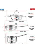 Platinum Triply Stainless Steel Cookware Set - 4 Pc (Kadai 24cm, Frypan 24cm, Saucepan 16cm)