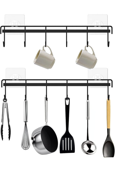 2Pcs Kitchen Utility Hooks, Wall Mount Adhesive Utensil Rack with 6 Hooks, No-Drill Wall Holder for Kitchen and Bathroom