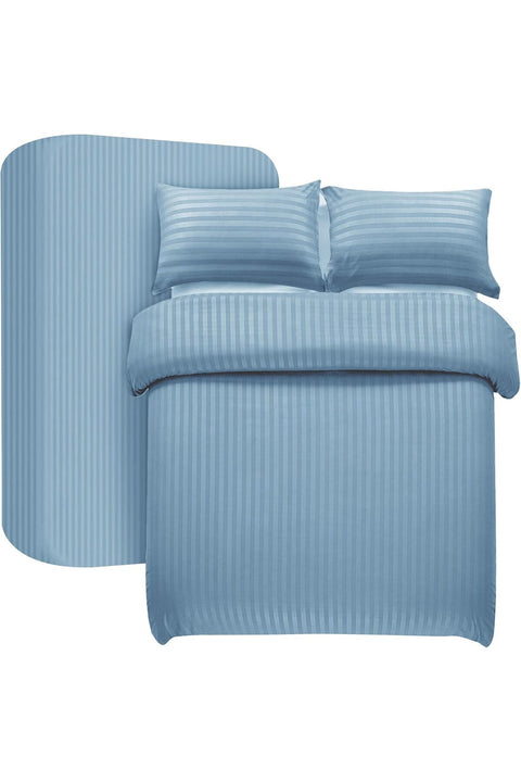 My home store Double Duvet Cover Set 4 Pcs Satin Stripe Duvet Covers Soft Brushed Microfiber Bedding Set with Fitted Sheet 30 CM Deep & 2 Pillowcases (Light Blue)