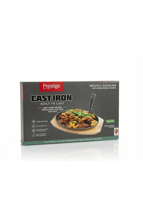 Pre-Seasoned Cast Iron Sizzler Pan 26cm | Sizzling Steak Plate with Wooden Base