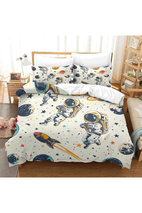 Kids Boy Astronaut Space Rocket Soft Zipper Bed Bedding Duvet Cover Set Double Beige 200×200cm