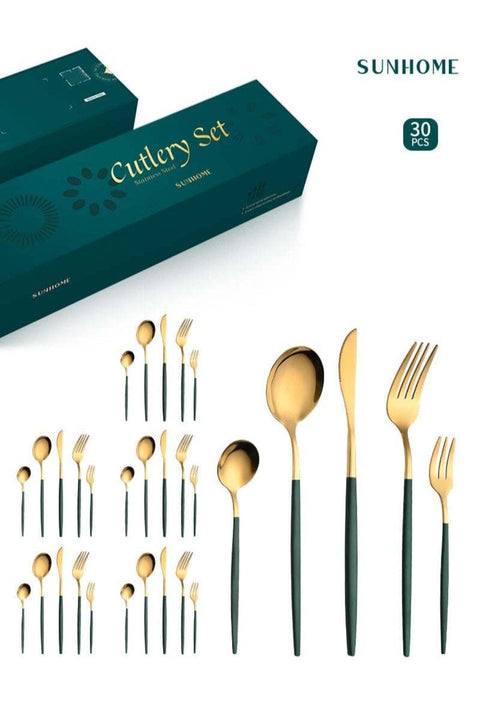 30-Piece Stainless Steel Cutlery Set Kitchen Utensil Set Western Tableware Green/Gold
