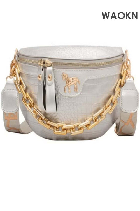 Thick Chain Women's Fanny Pack Plaid leather Waist Bag Shoulder Crossbody Chest Bags Luxury Designer Handbags Female Belt Bag