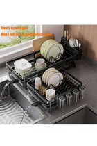 Expandable & Adjustable Dish Rack with Drainboard, 33-53.5cm Kitchen Dish Dryer with Rotatable Spout & Utensil Holder | Carbon Steel, Black