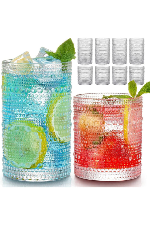 Vintage Hobnail Drinking Glasses Set of 8 – 12oz Highball & 10oz Cocktail Glasses, Textured Glass