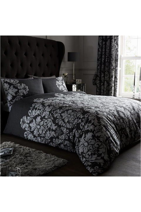 Damask Bedding Double Bed Set - Flower Duvet Cover - Comforter Covers With Pillow Cases - Black