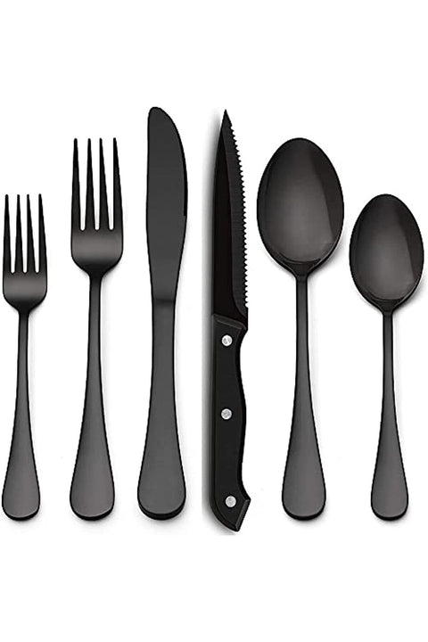 24-Piece Matte Black Silverware Set with Steak Knives for 4, Stainless Steel Flatware