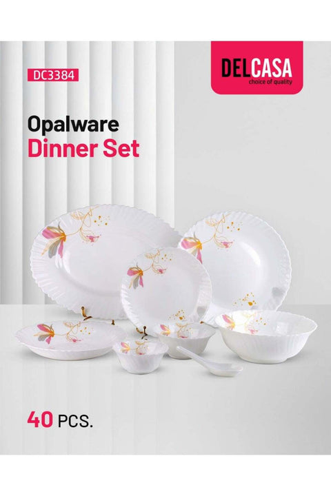 DC3384 Opalware Dinner 40-Pieces Set, White/Pink