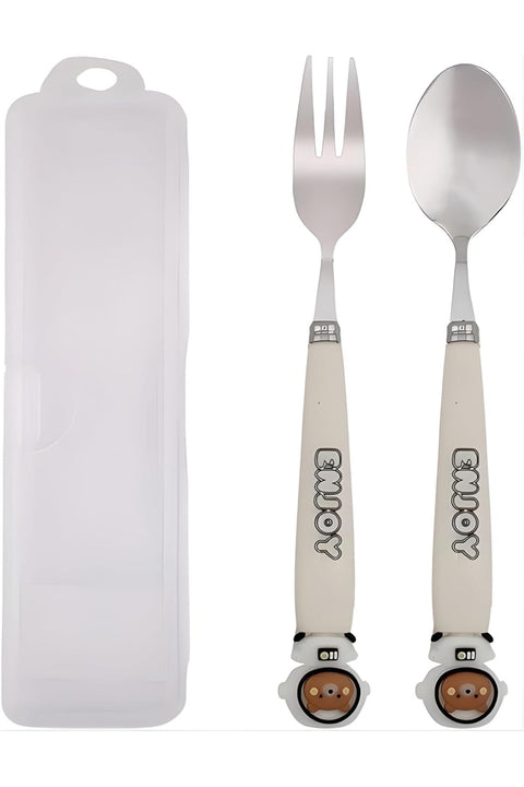 Astronaut Design Kids Cutlery Set with Case - 2-Piece Stainless Steel BPA Free Cutlery Set Includes Spoon, Fork and Case for Lunch Box, Picnic and Travel (White)
