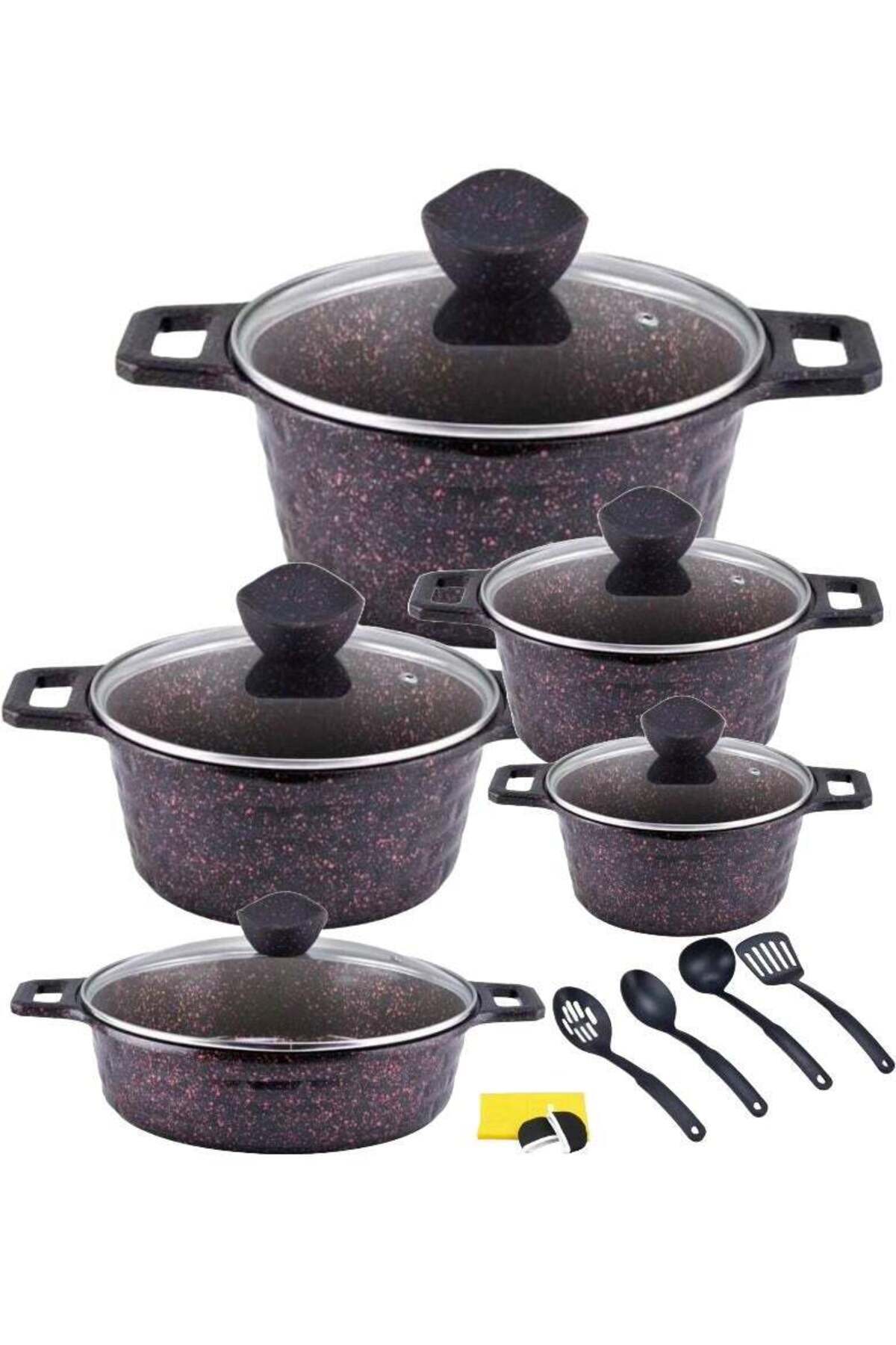 17-Pieces Granite Coated Cookware Set Includes 20, 24, 28, 32cm Casserole Pot with Lid, 32cm Shallow Casserole Pot and 7 Pieces Cooking Accessories