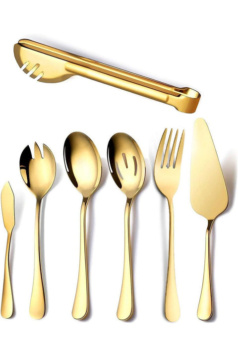 Catering Serving Utensils Set, 7 Piece Stainless Steel Mirror Polished Cutlery Flatware Set, Dishwasher Safe