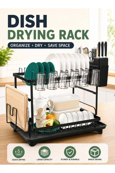 MarkedOne 2 Tier Dish Drying Rack with Utensil Holder Cutting Board Holder & Drainboard Tray Dish Drainer Rack for Kitchen Counter Scratch Resistant