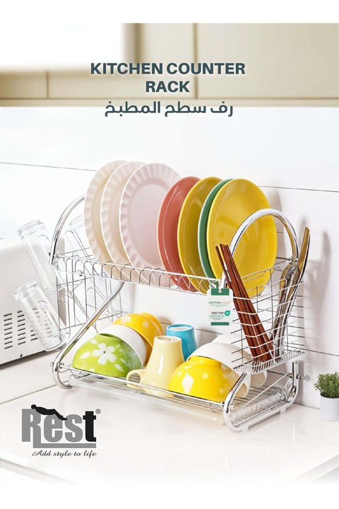 Rustproof Stainless Steel 2 Tier Dish Drying Rack, Dish Rack with Stable Footpad, Utensil & Cup Holders, Automatic Drainage Drainboard Large Capacity for Small Kitchen Silver