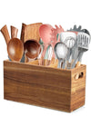 Acacia Wood Utensil Holder For Countertop, Large 3-Compartment Cooking Tool Organizer With Removable Divider, Rustic Style For Kitchen Décor