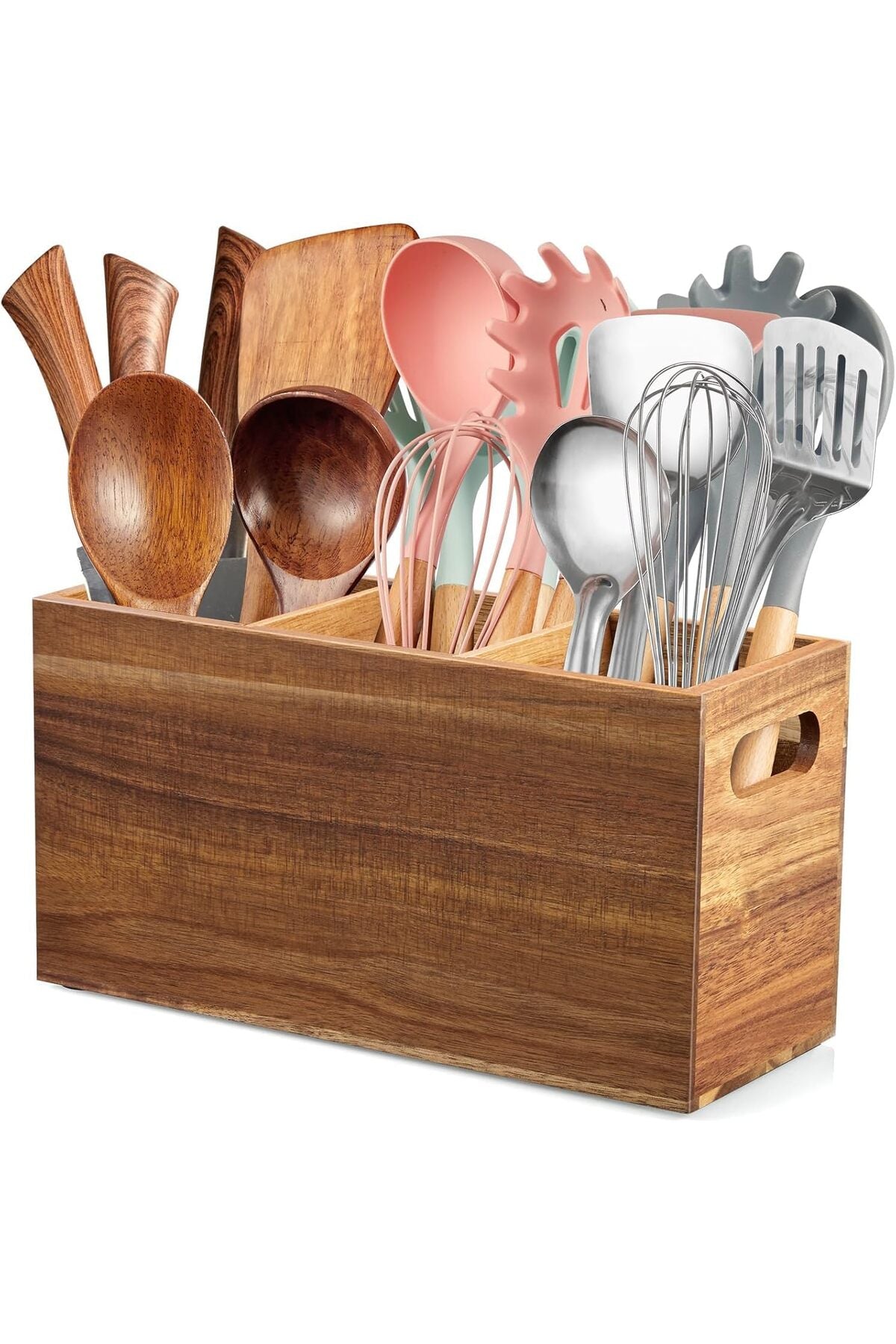 Acacia Wood Utensil Holder For Countertop, Large 3-Compartment Cooking Tool Organizer With Removable Divider, Rustic Style For Kitchen Décor