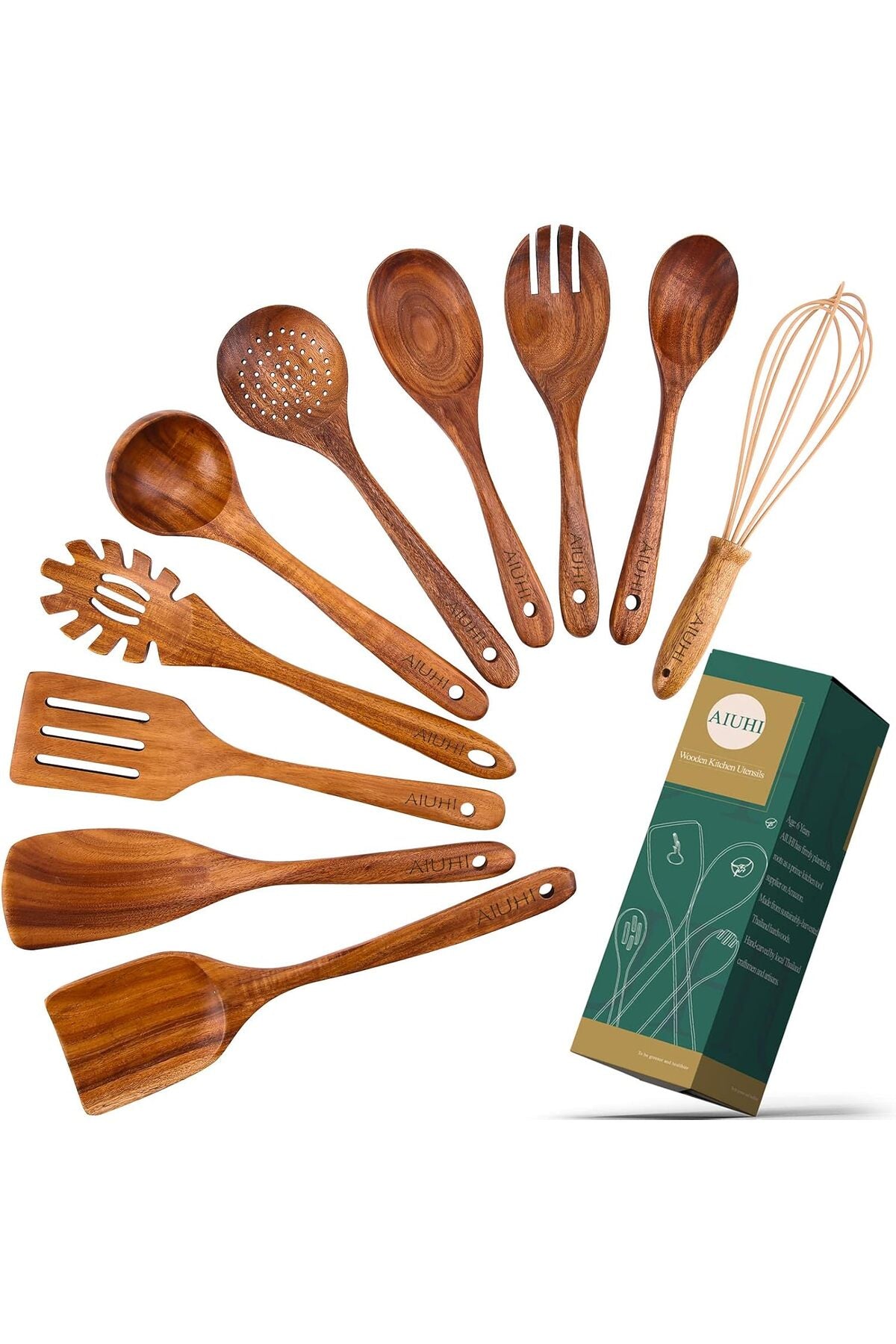 AIUHI 10 Pack Wooden Spoons for Cooking, Teak Wood Kitchen Utensils Set for Non Stick Use
